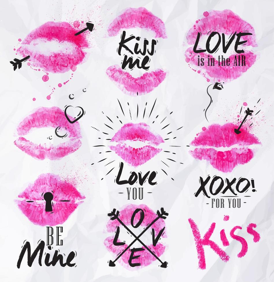 läppstift kyss tecken trycker rosa läppar bokstäver om kärlek vektor