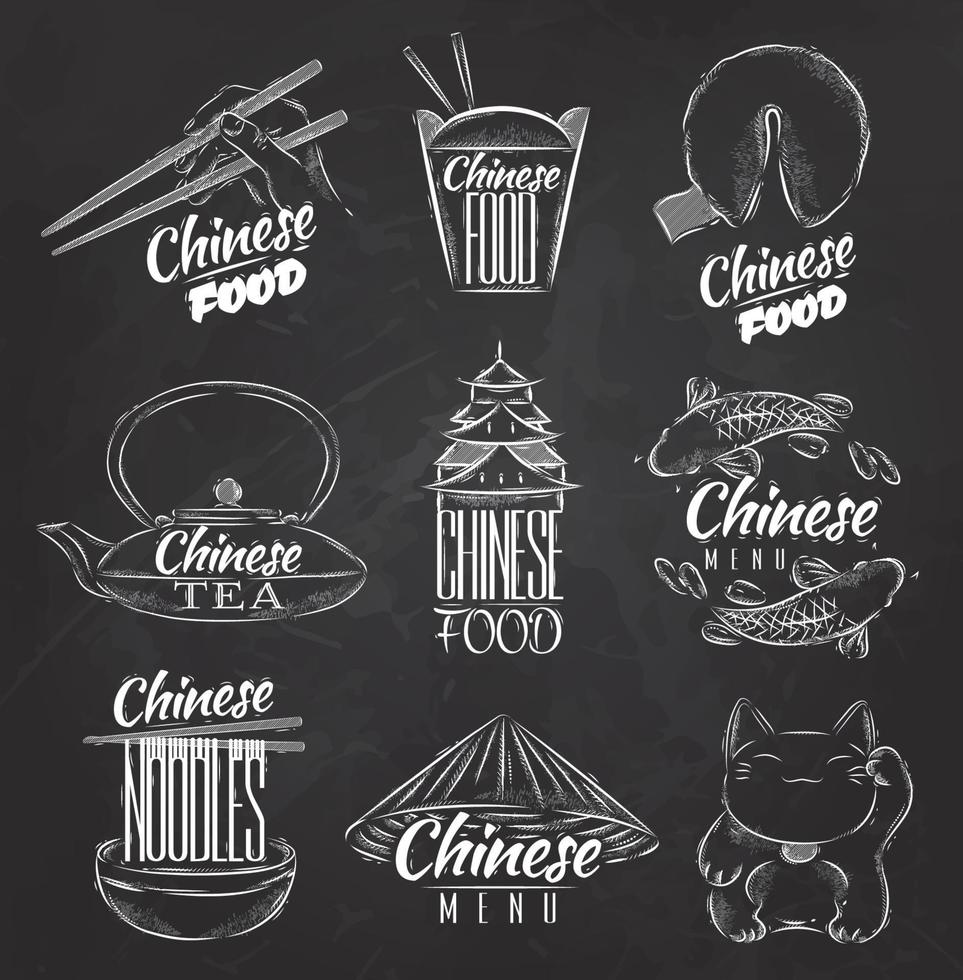 uppsättning symboler ikoner kinesisk mat i retrostil bokstäver kinesiska nudlar, lycklig katt, kinesiskt te, ätpinnar, lyckokakor, kinesisk avhämtningslåda, stiliserad teckning med krita på svarta tavlan vektor