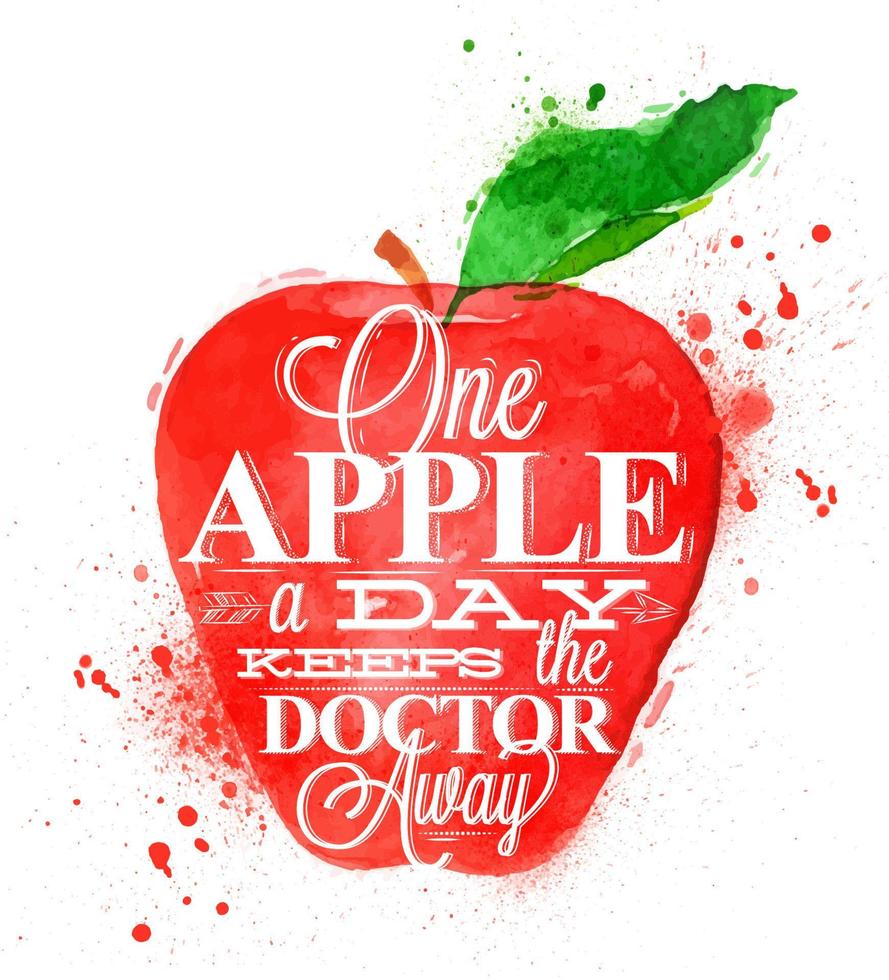 affisch med röd akvarell äpple bokstäver ett äpple om dagen håller doktorn borta vektor