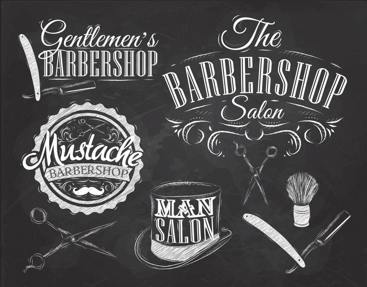 set barbershop, schere, rasierpinsel, rasiermesser, zylinder, im retro-stil und stilisierte zeichnung mit kreide. vektor