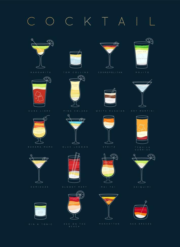 posterflache cocktailkarte mit glas, rezepten und namen von cocktailgetränken, die auf dunkelblauem hintergrund zeichnen vektor