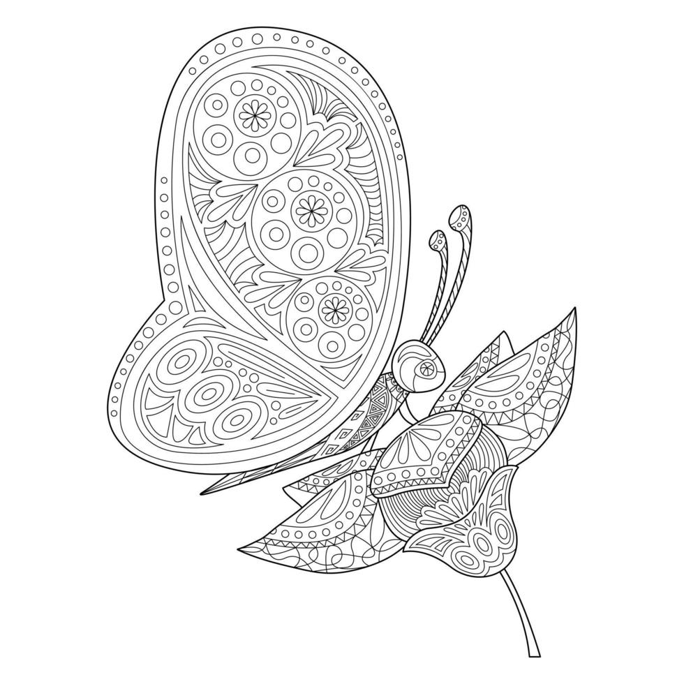 fjäril och blomma. vektor illustration i zentangle stil. målarbok antistress för barn och vuxna.