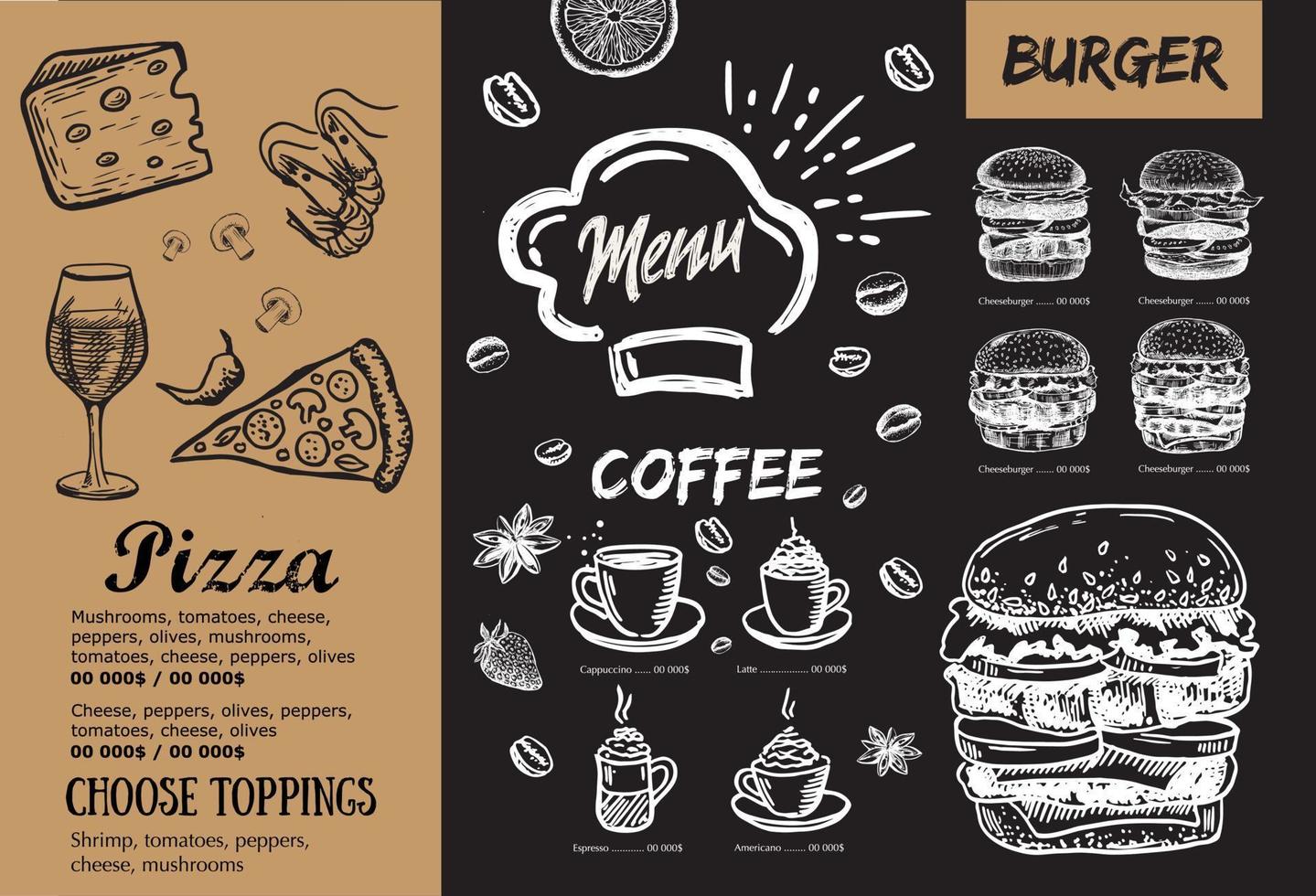 Restaurant-Menü, Template-Design.. Food-Flyer. handgezeichneter Stil. Vektor-Illustration. vektor