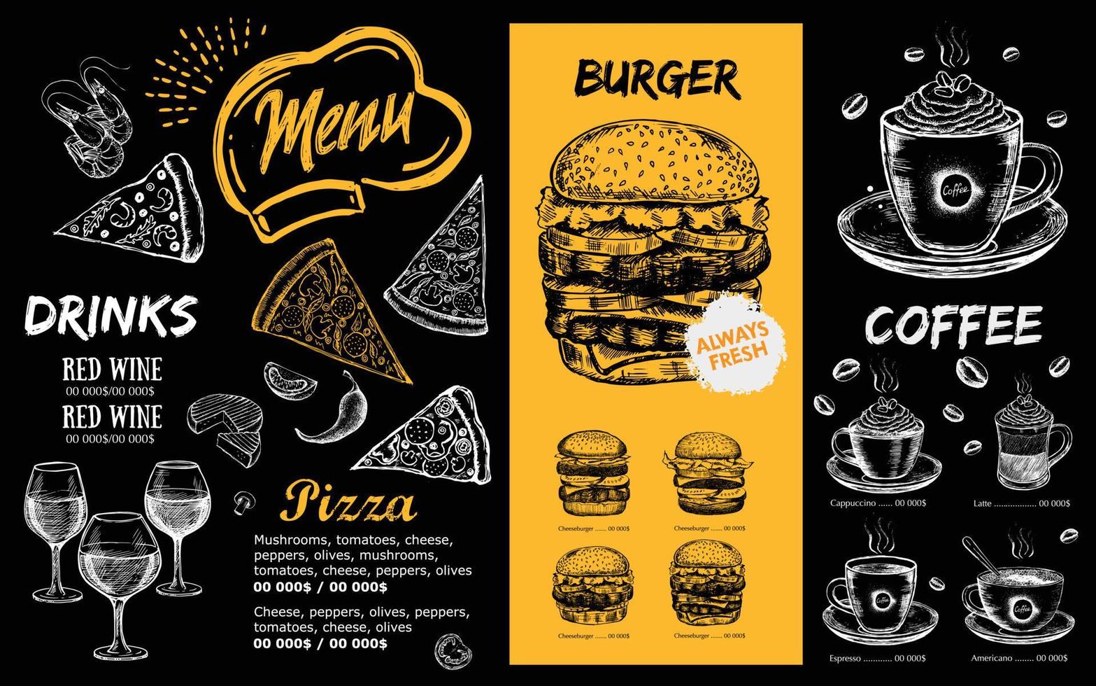 Restaurant-Menü, Template-Design.. Food-Flyer. handgezeichneter Stil. Vektor-Illustration. vektor