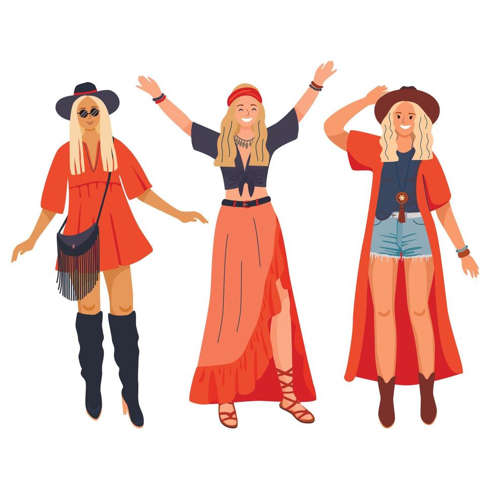 uppsättning av tre unga kvinnor karaktärer i sommar outfits. modeuppsättning i boho-chic stil för unga kvinnor. trendiga kläder. vektor illustration