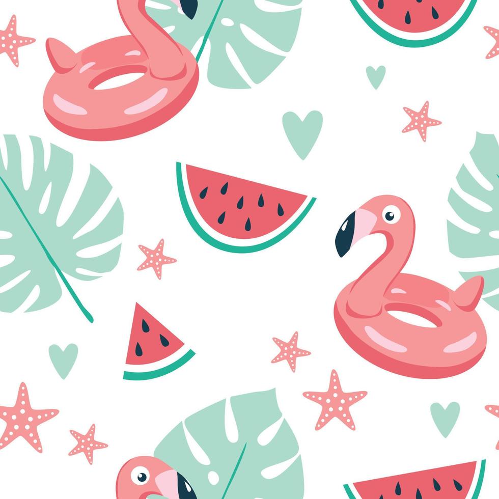 sommarmönster. vektor sömlösa mönster med sommarsymboler, såsom flamingo, tropiska löv, vattenmelon och sjöstjärnor. isolerad på vitt.