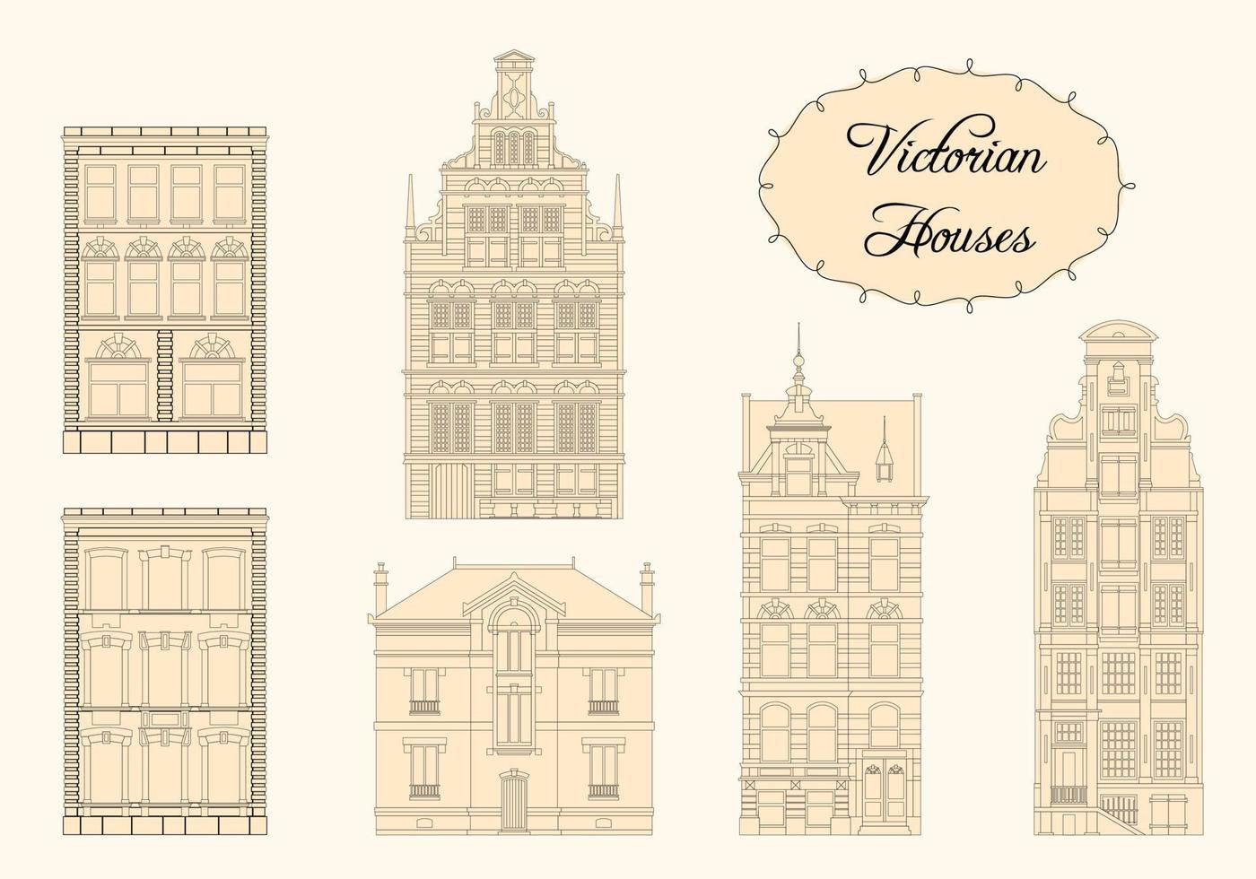 uppsättning vektor vintage viktorianska hus. monokrom ritning