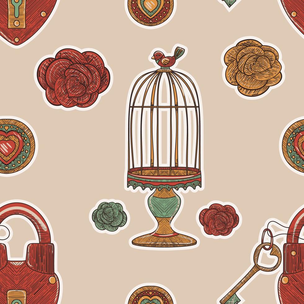 valentinstag beige retro nahtloses muster. Liebeskäfig und Schloss und Rosen in einem Vintage-Sketch-Stil auf cremefarbenem Hintergrund vektor