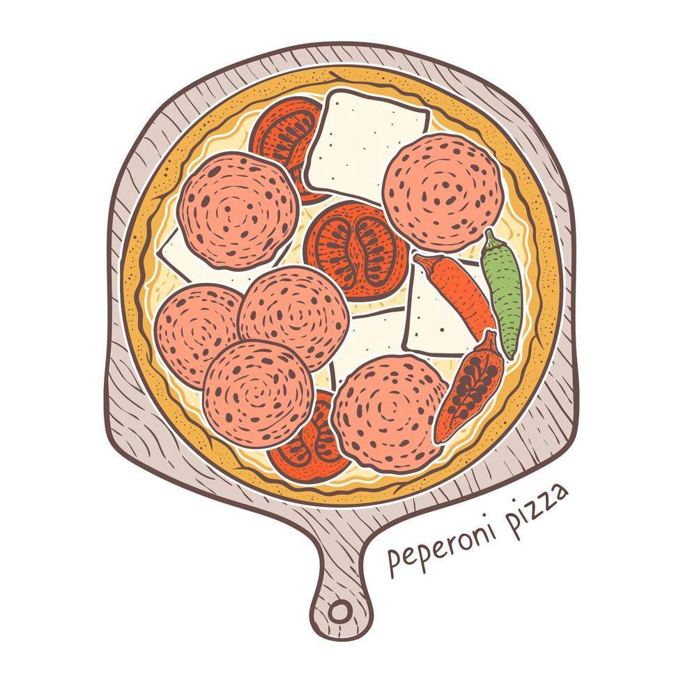 peperoni pizza med varm salami och mozzarella och tomat, skiss illustration vektor