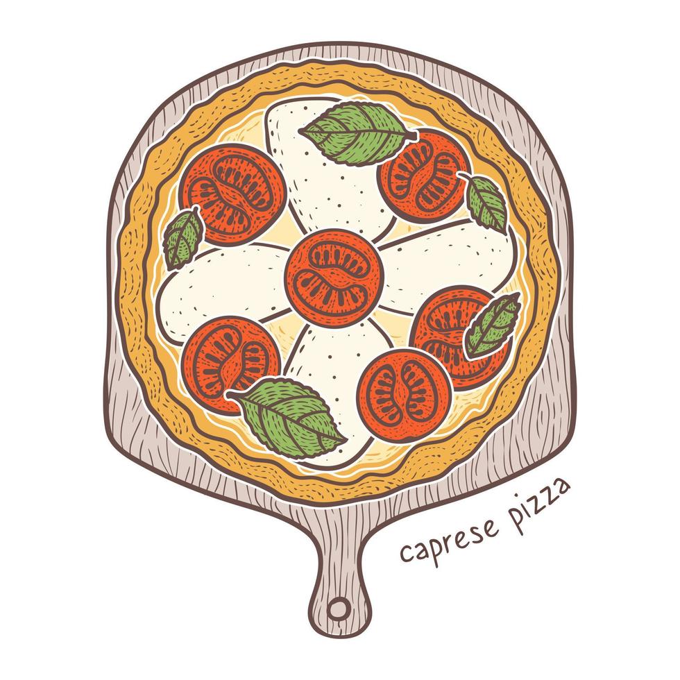caprese-pizza mit tomaten und mozzarella und basilikum, skizzenillustration vektor