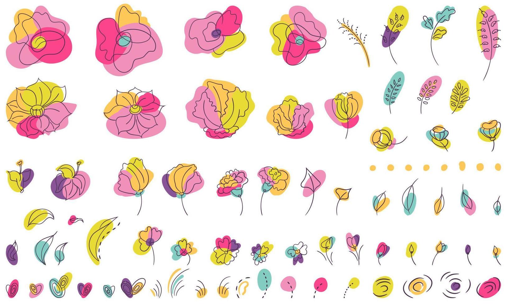 helle farben florale sommerelemente mit line-art-trend. stilisierte neonfarbene blumen und blätter und blätter und flecken vektor