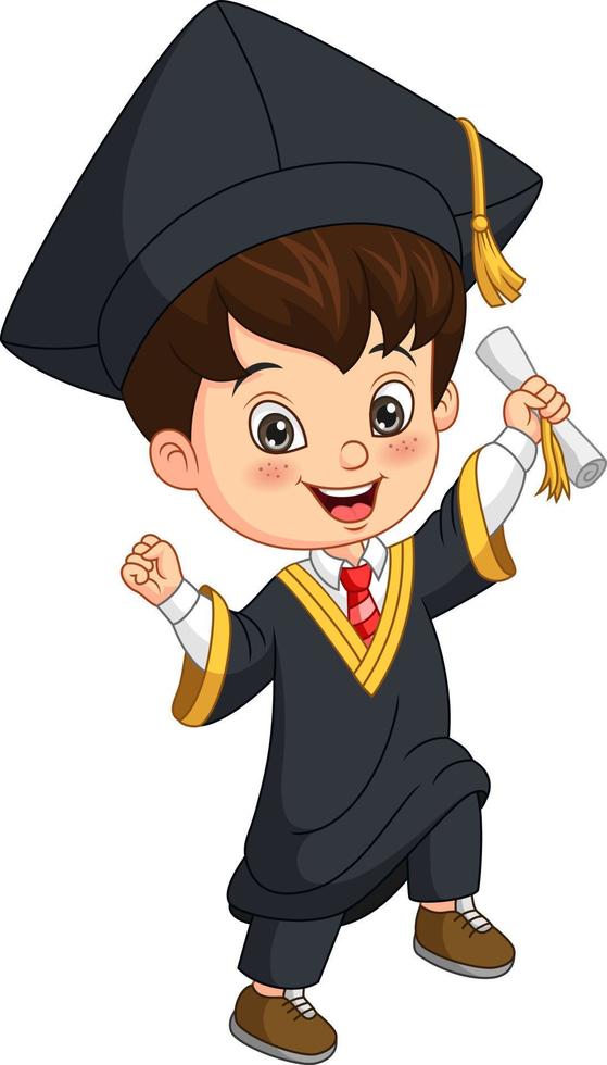 tecknad liten pojke i examen kostym håller ett diplom vektor