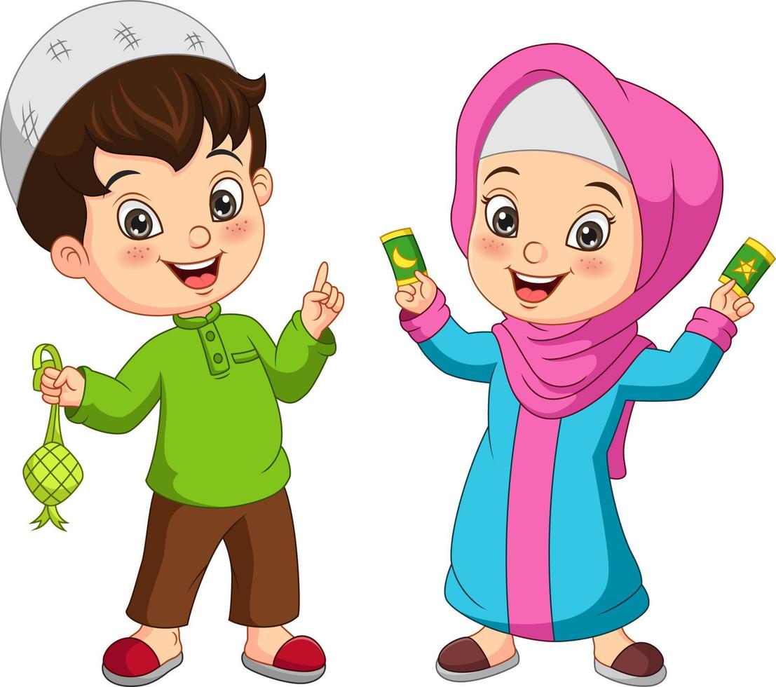 glücklicher moslemischer kinderkarikatur, die einen ketupat hält vektor
