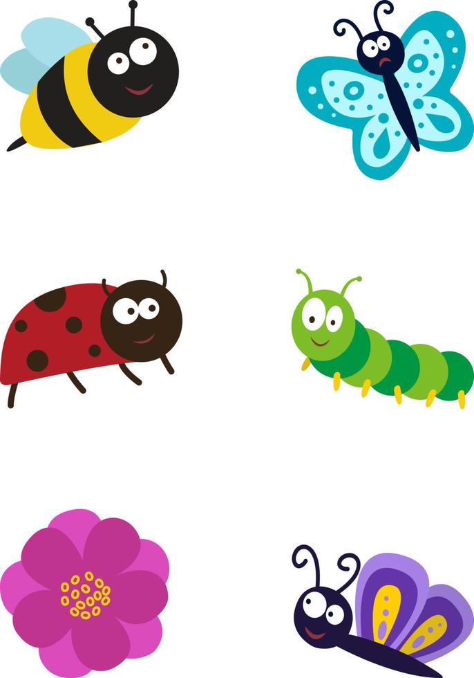 schmetterling, marienkäfer, wurm, schnecke und blumensatz von insektenikonen. niedliche kawaii zeichentrickfiguren. flaches Design weißen Hintergrund vektor