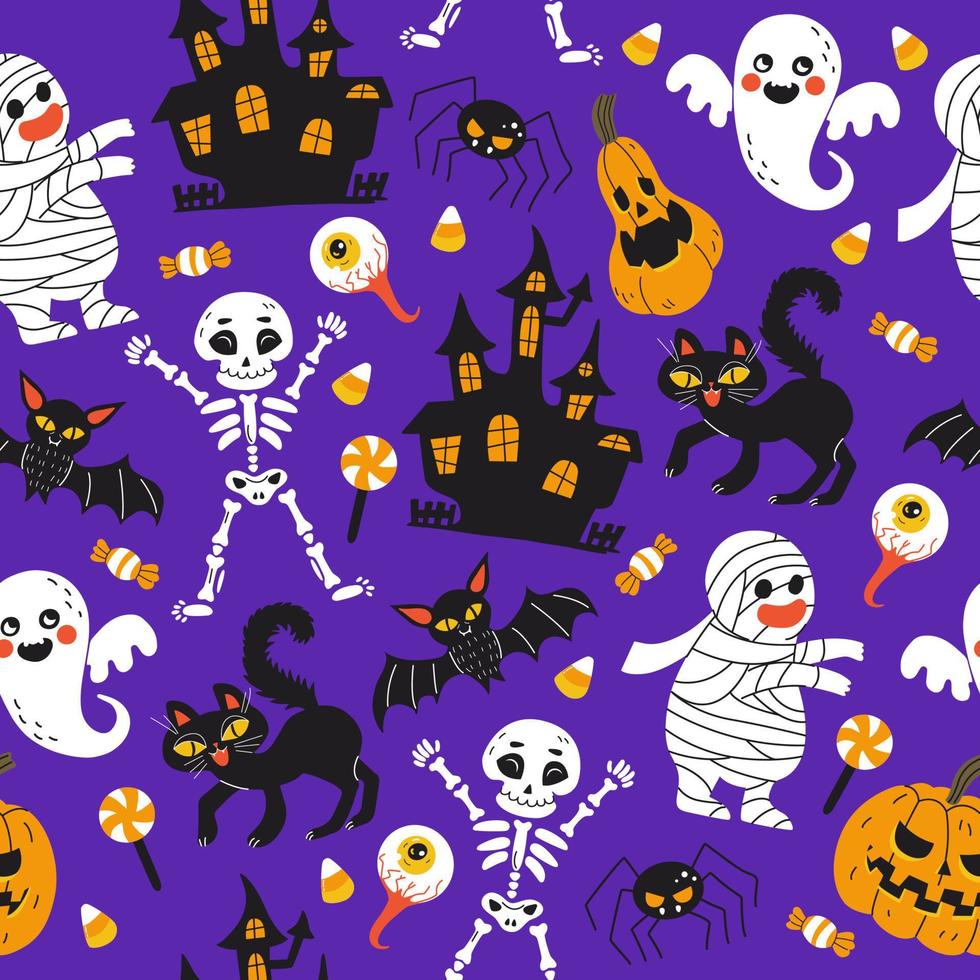 halloween lila festliches nahtloses muster. Endloser Hintergrund mit Kürbissen, Skeletten, Fledermäusen, Spinnen, Geistern, Knochen, Süßigkeiten, Zombies, Augen, Burgen und Katzen. vektor