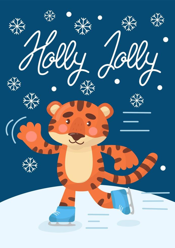 jul och nyårs gratulationskort mall eller inbjudan med söt tiger som åker skridskor. vektor