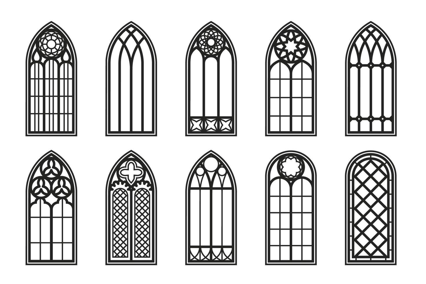 Umrissset für gotische Fenster. Silhouette von alten Kirchenrahmen aus Buntglas. Element der traditionellen europäischen Architektur. Vektor-Illustration vektor