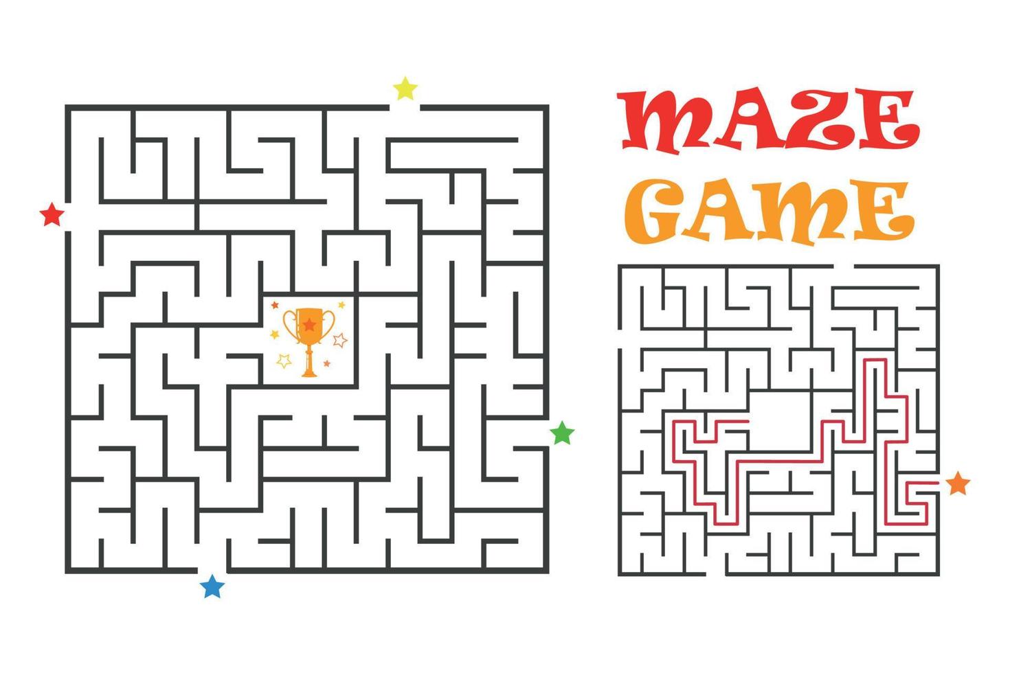 Quadratisches Labyrinth Labyrinthspiel für Kinder. Labyrinth-Logik-Rätsel mit Siegerpokal. vier Eingänge und zwei richtige Wege. flache vektorillustration vektor