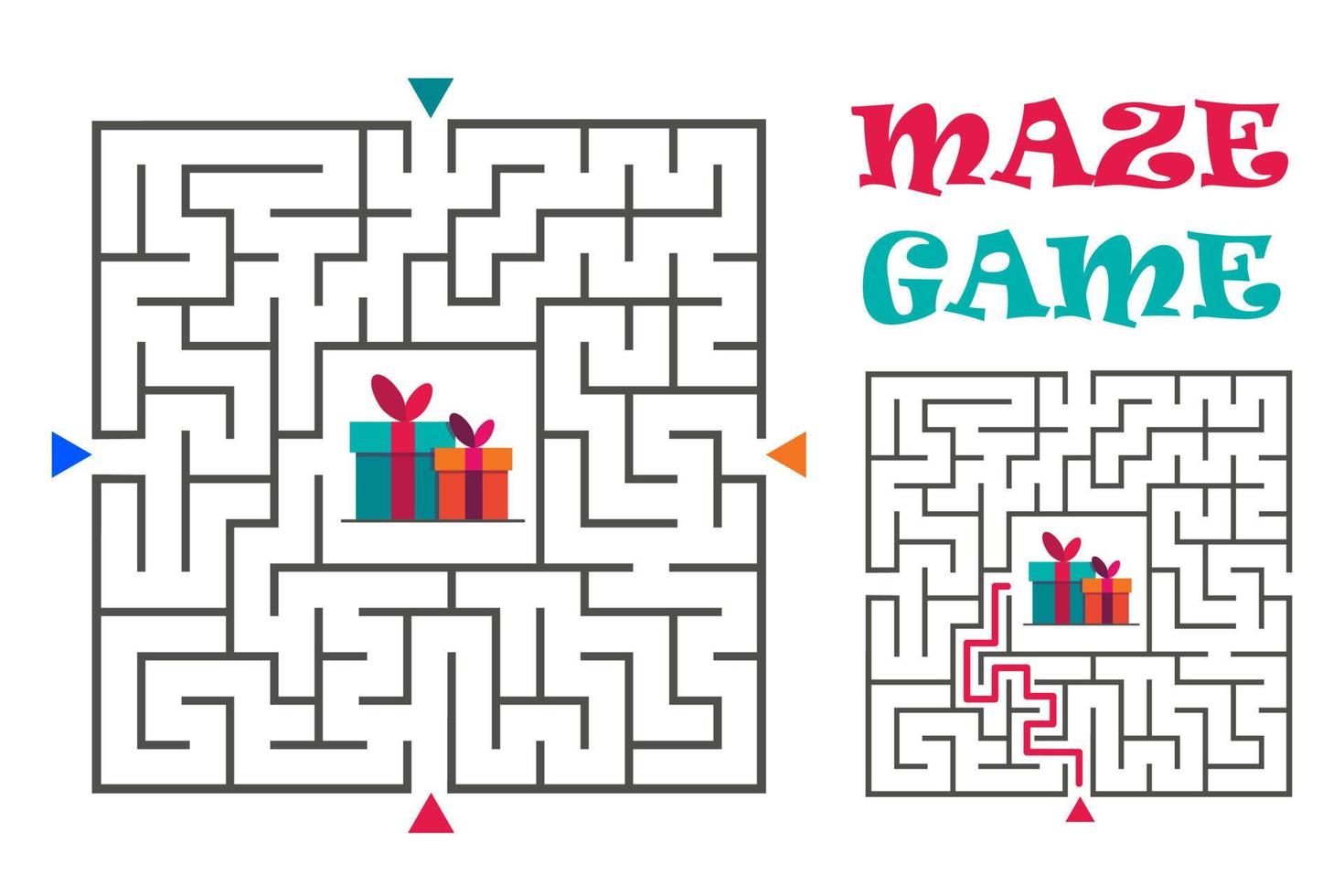 Quadratisches Labyrinth Labyrinthspiel für Kinder. Rätsel der Labyrinthlogik. Vier Eingänge und ein richtiger Weg. flache vektorillustration lokalisiert auf weißem hintergrund. vektor