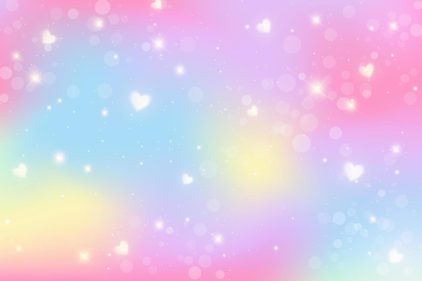 regnbåge enhörning bakgrund. holografisk illustration i pastellfärger. söt tecknad tjejig bakgrund. ljus mångfärgad himmel med stjärnor och hjärtan vektor