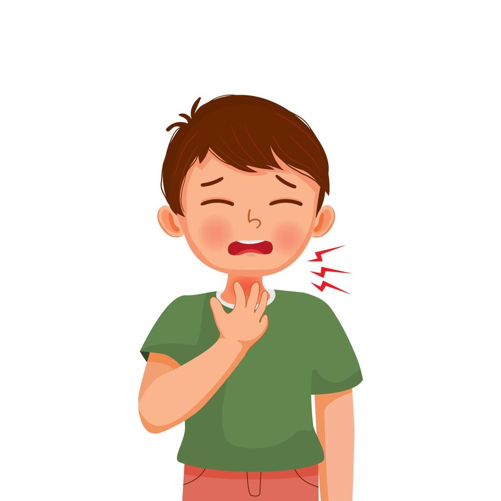 kleiner Junge, der an Halsschmerzen leidet und seinen geschwollenen und schmerzhaften Hals als Symptome von Grippe und Allergie berührt vektor