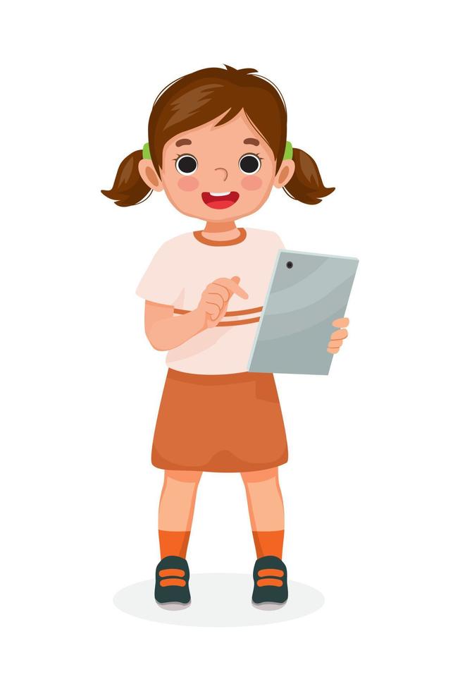 glückliches kleines Mädchen, das einen digitalen Tablet-Touchscreen hält und verwendet, der im Internet surft, Hausaufgaben macht und Spiele spielt. Konzept für Kinder und elektronische Geräte für Kinder vektor