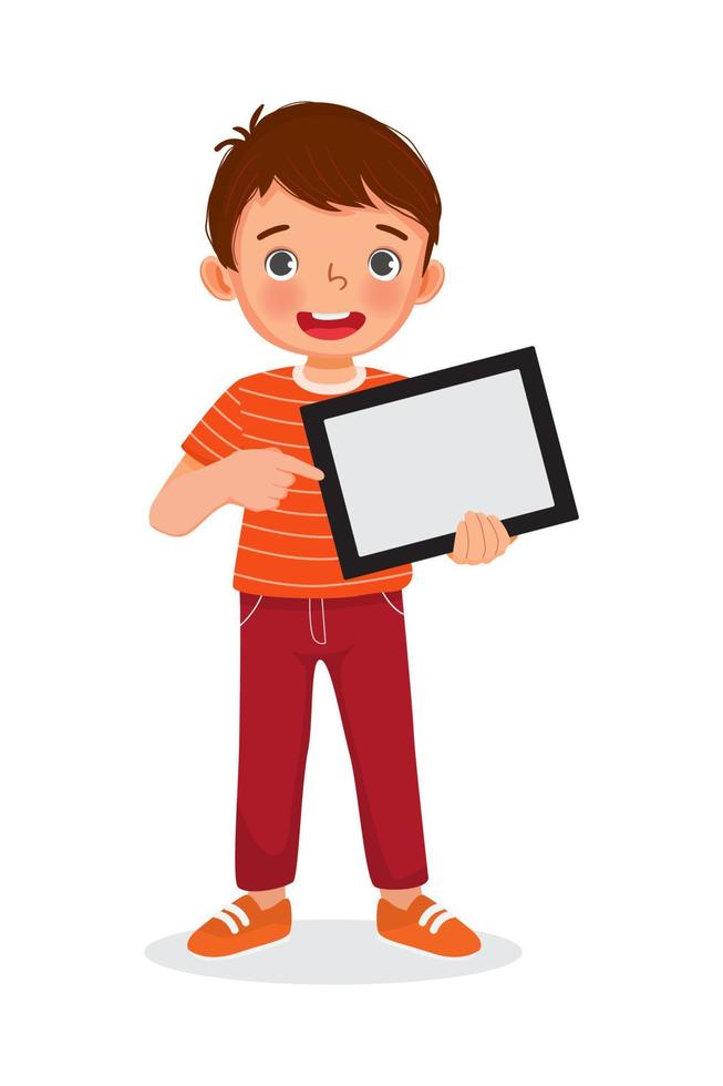 Fröhlicher kleiner Junge, der ein digitales Tablet hält und mit dem Finger auf einen leeren Bildschirm zeigt oder Platz für Texte, Nachrichten und Werbeinhalte kopiert. Konzept für Kinder und elektronische Geräte für Kinder vektor