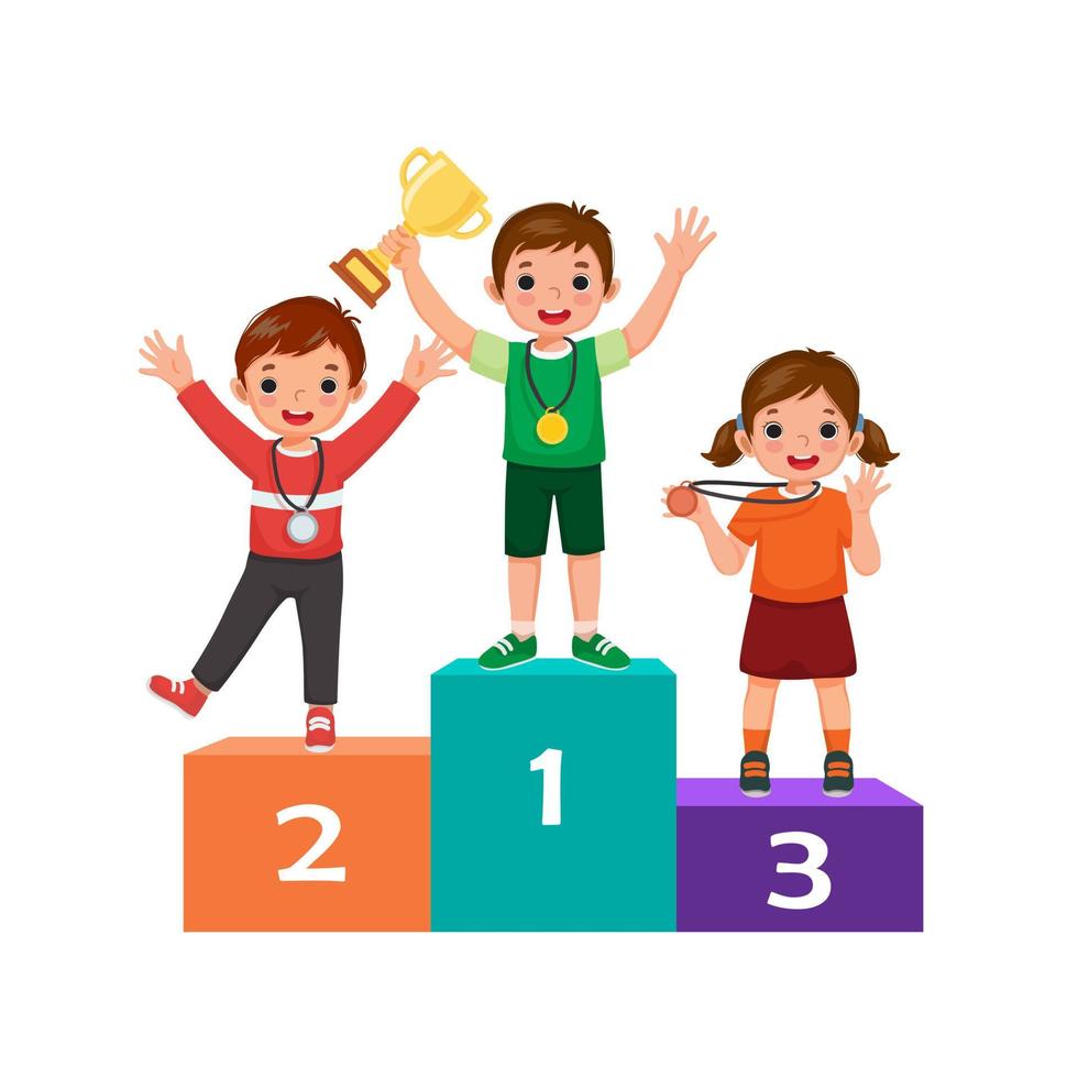 Kinder mit Medaillen, die eine goldene Pokaltrophäe halten, stehen auf dem Siegerpodest oder Podest mit dem ersten, zweiten und dritten Preis, der den siegreichen Wettbewerb feiert vektor