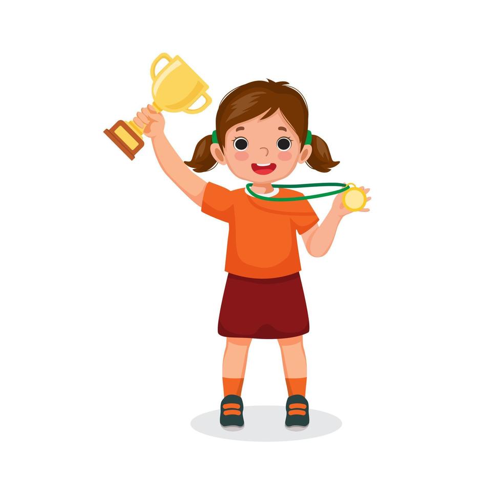 söt liten flicka som håller upp en guldpokal och medalj för att fira vinnande sporttävling vektor