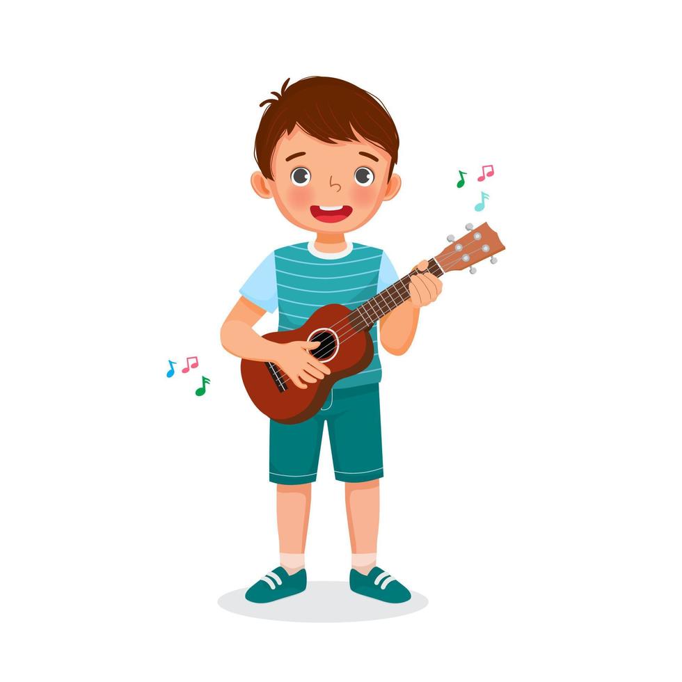 Fröhlicher süßer kleiner Junge, der Ukulele spielt und singt und Gitarre mit lächelndem Gesichtsausdruck hält vektor