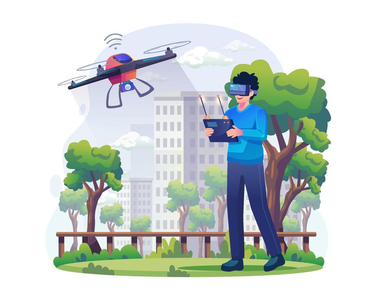 en ung man med vr-glasögon som flyger en drönare utomhus. den manliga karaktären styr en quadcopter via vr headset-teknik. platt stil vektorillustration vektor