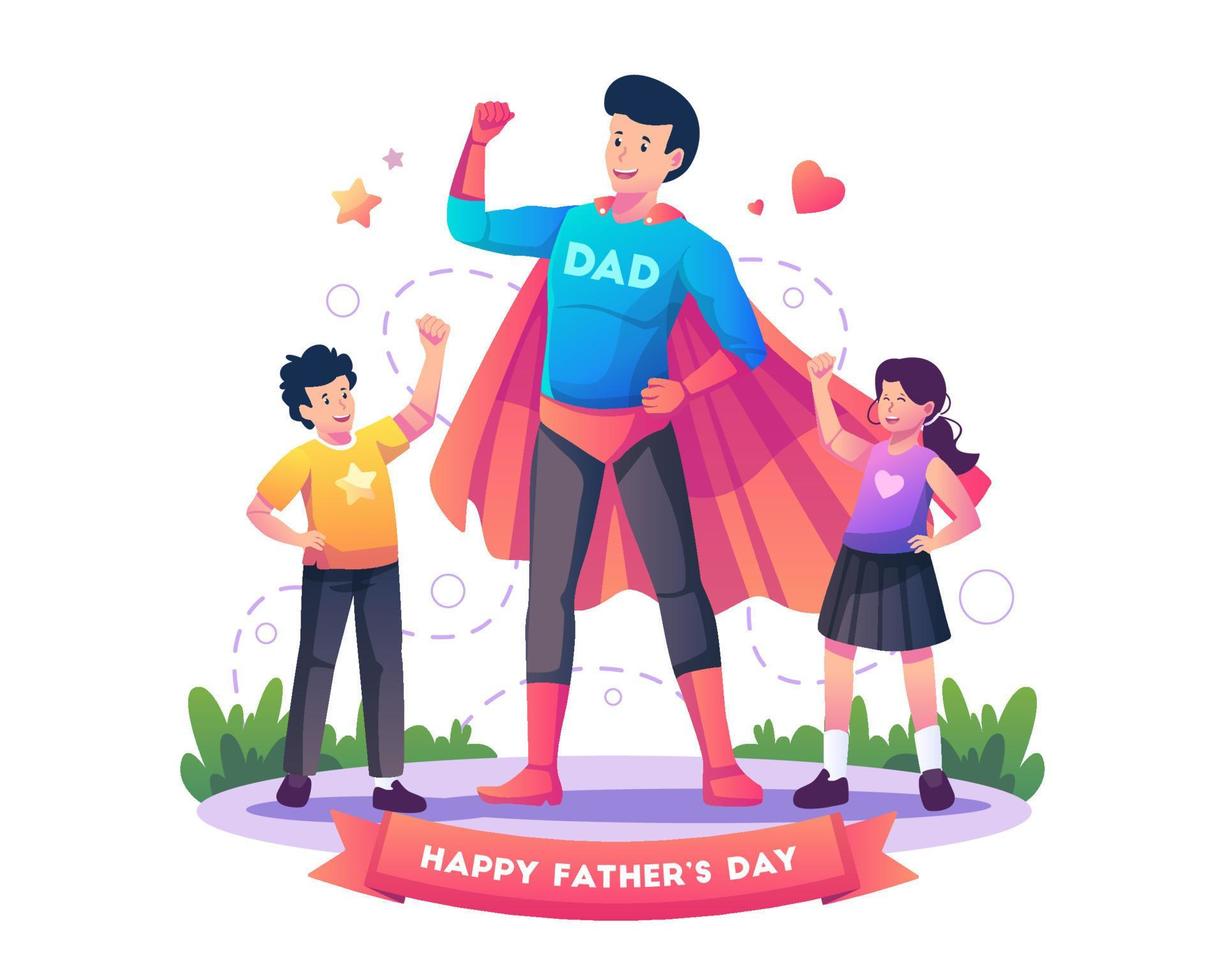 pappa som bär en superhjältedräkt står och visar handmuskler med sin son och dotter. far är en hjälte för sina barn och fars dag koncept. platt stil vektorillustration vektor