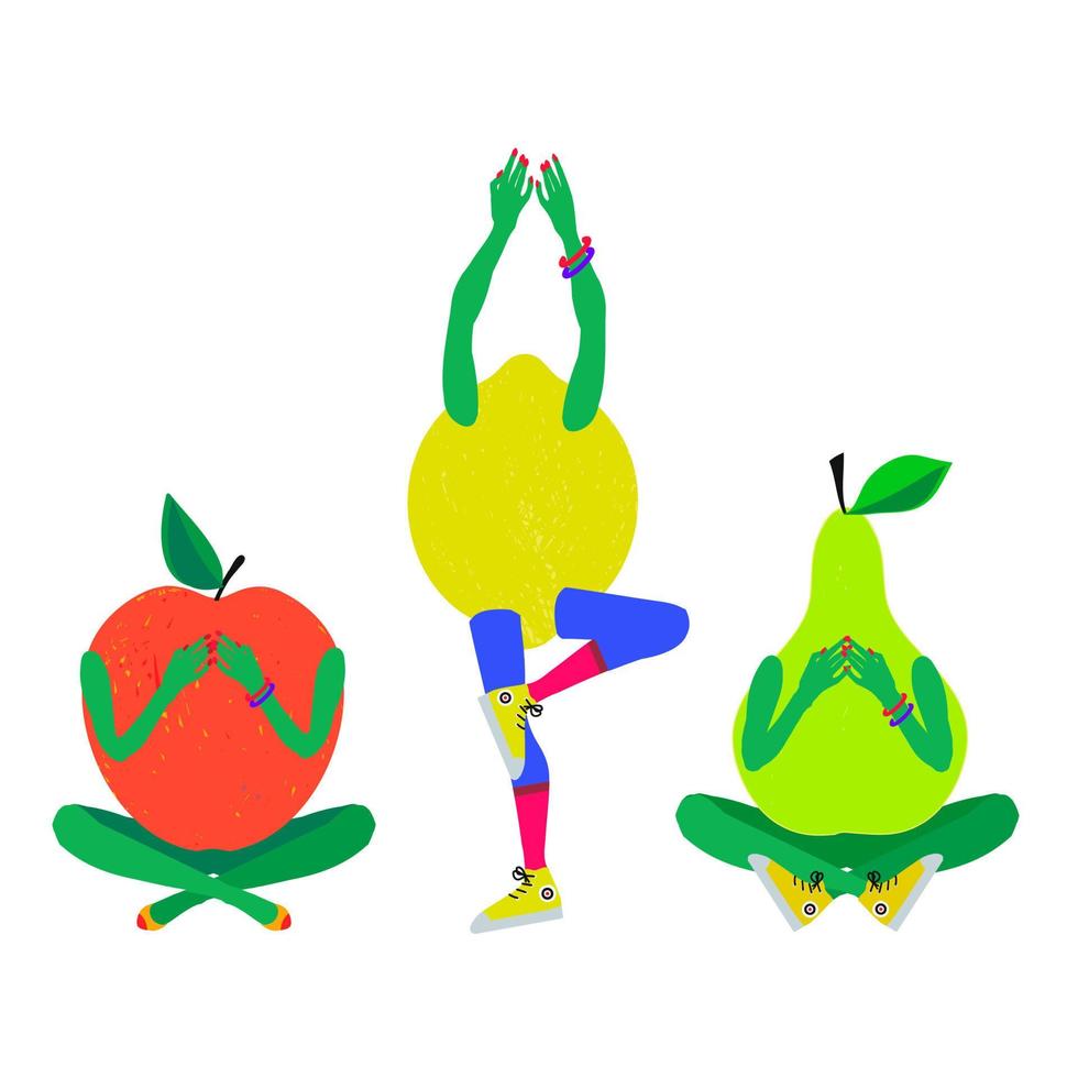 söta frukter gör yogaövningar. hälsosam kost och kondition vektor