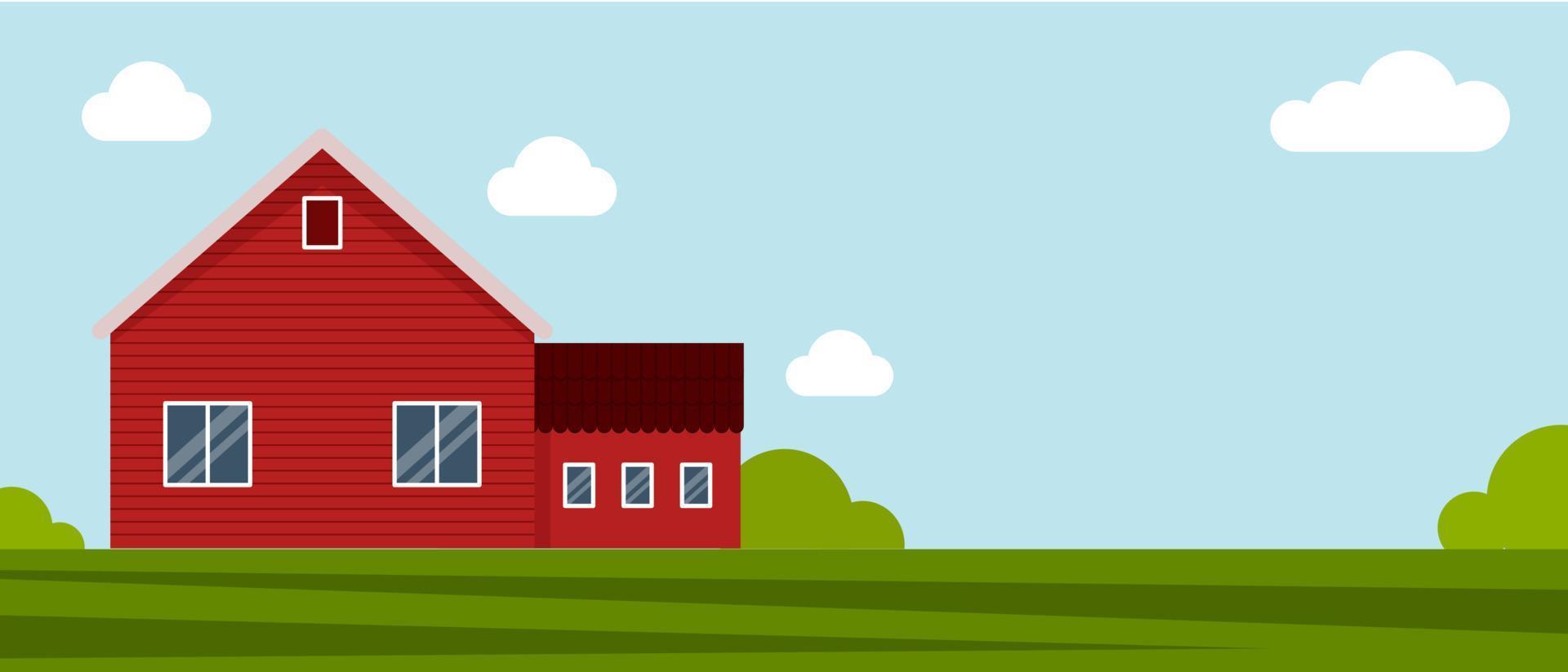 Landhaus auf einer grünen Wiese, landwirtschaftlicher Bau. flache vektorillustration auf einem hintergrund des blauen himmels mit wolken. karikatur ländliches landschaftspanoramafeld. banner für website vektor