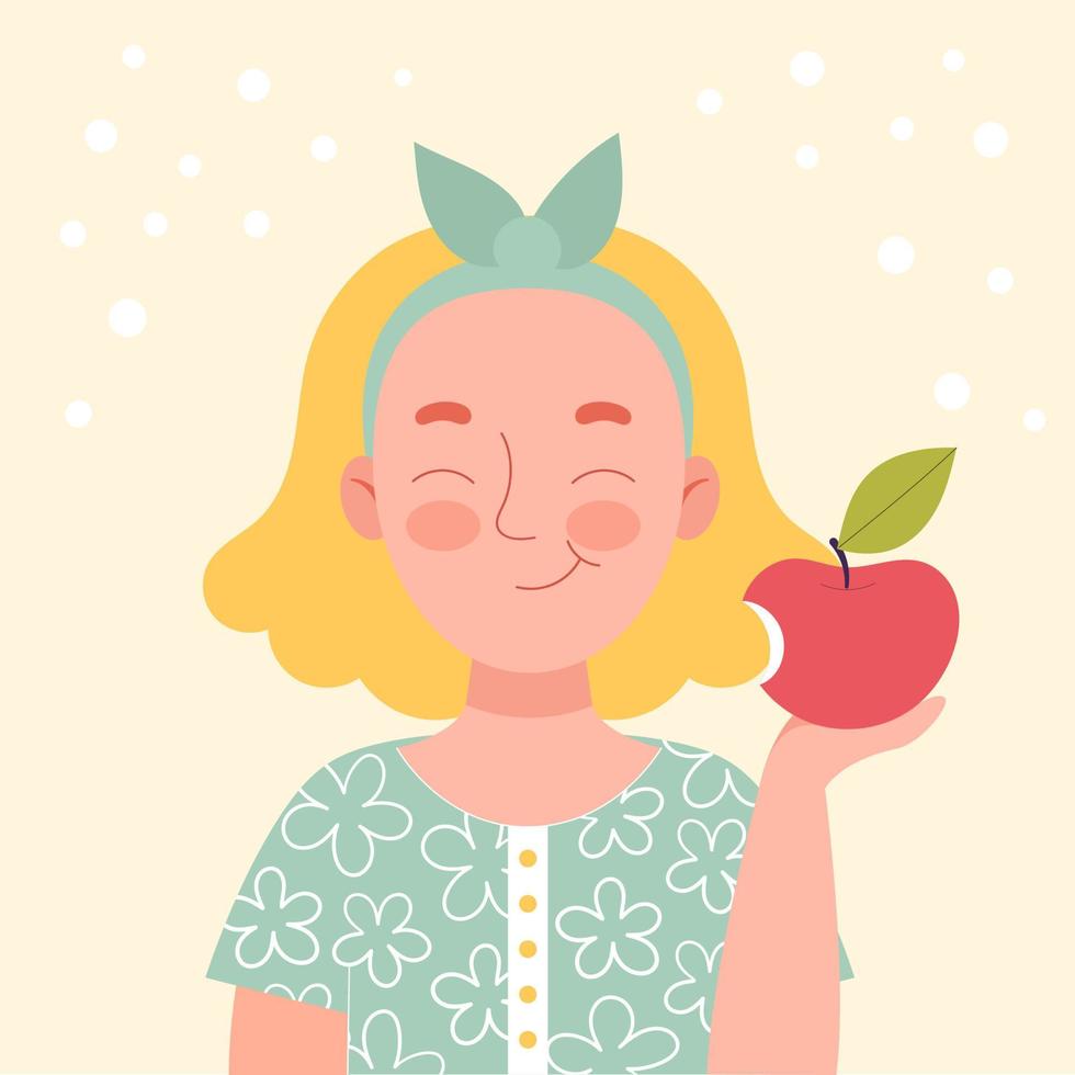 söt leende blond flicka som äter ett äpple. skolmellanmål, hälsosam mat, fruktdiet, vitaminer för barn. platt vektor tecknad stock illustration