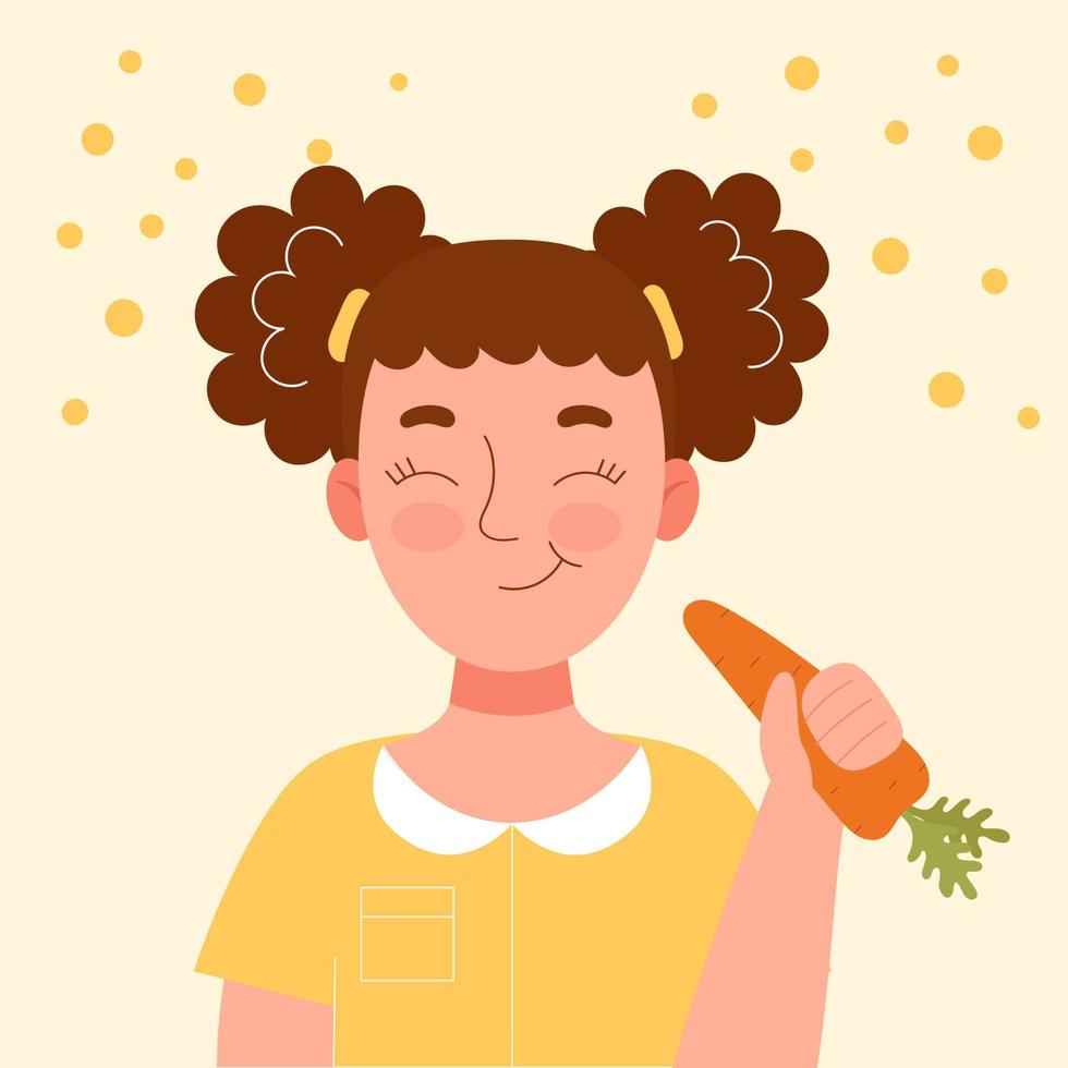 söt leende flicka äter morot. skolmellanmål, hälsosam mat, vegetabilisk kost, vitaminer för barn. platt vektor tecknad stock illustration