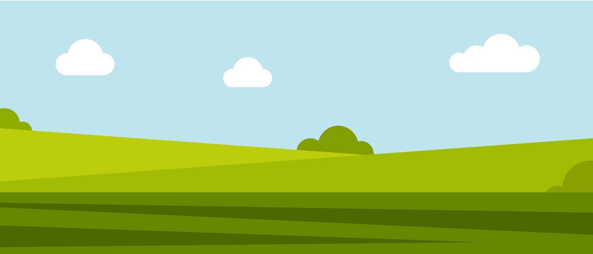 sommar panoramalandskap. grön äng, åker, gårdsbete, grönt gräs, blå himmel. vektor färgad bakgrund, banner för webbplats, utrymme för text