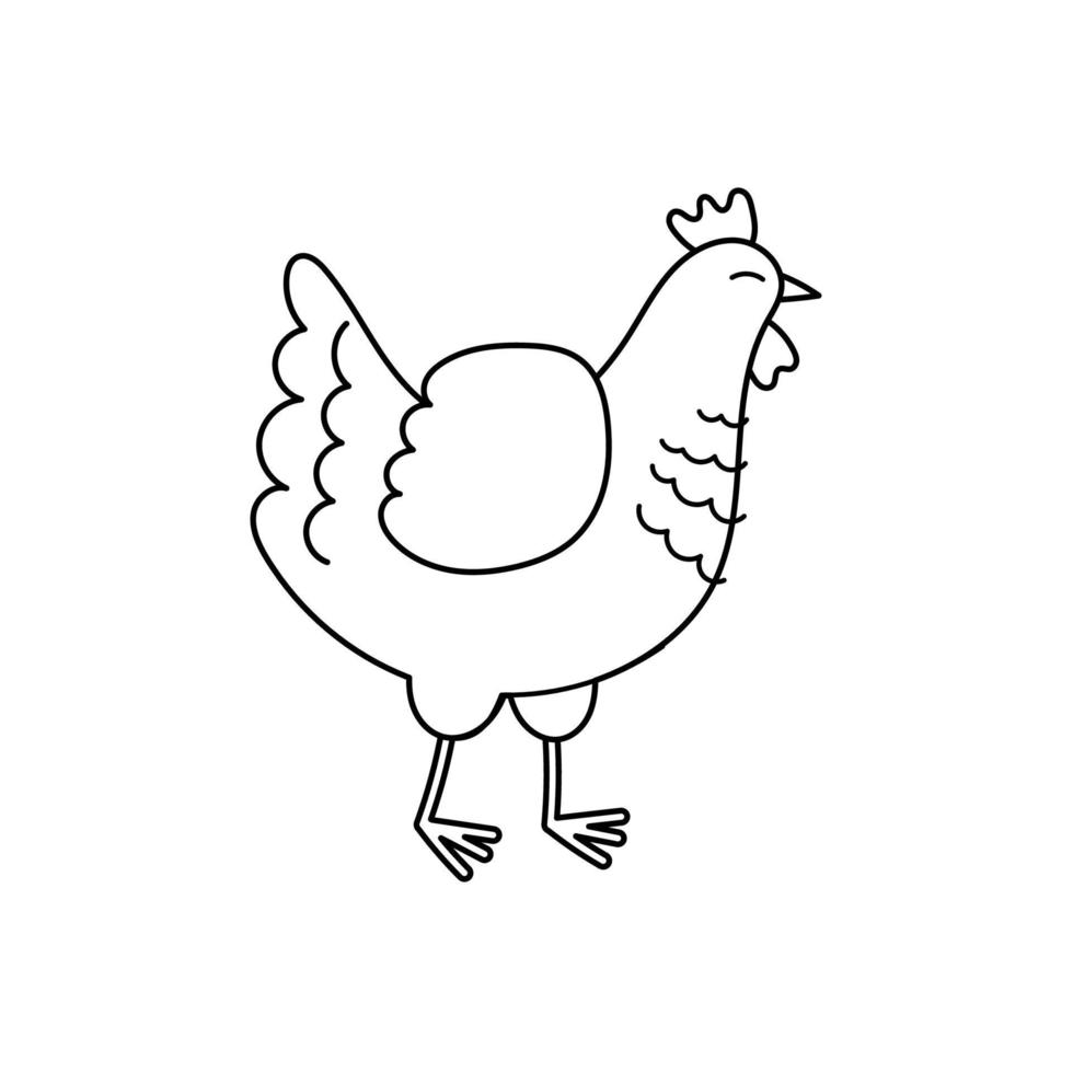 süßes konturgekritzelhuhn. Nutztiere und Vögel. Illustration für Malbuch für Kinder. Vektor isoliert auf weißem Hintergrund