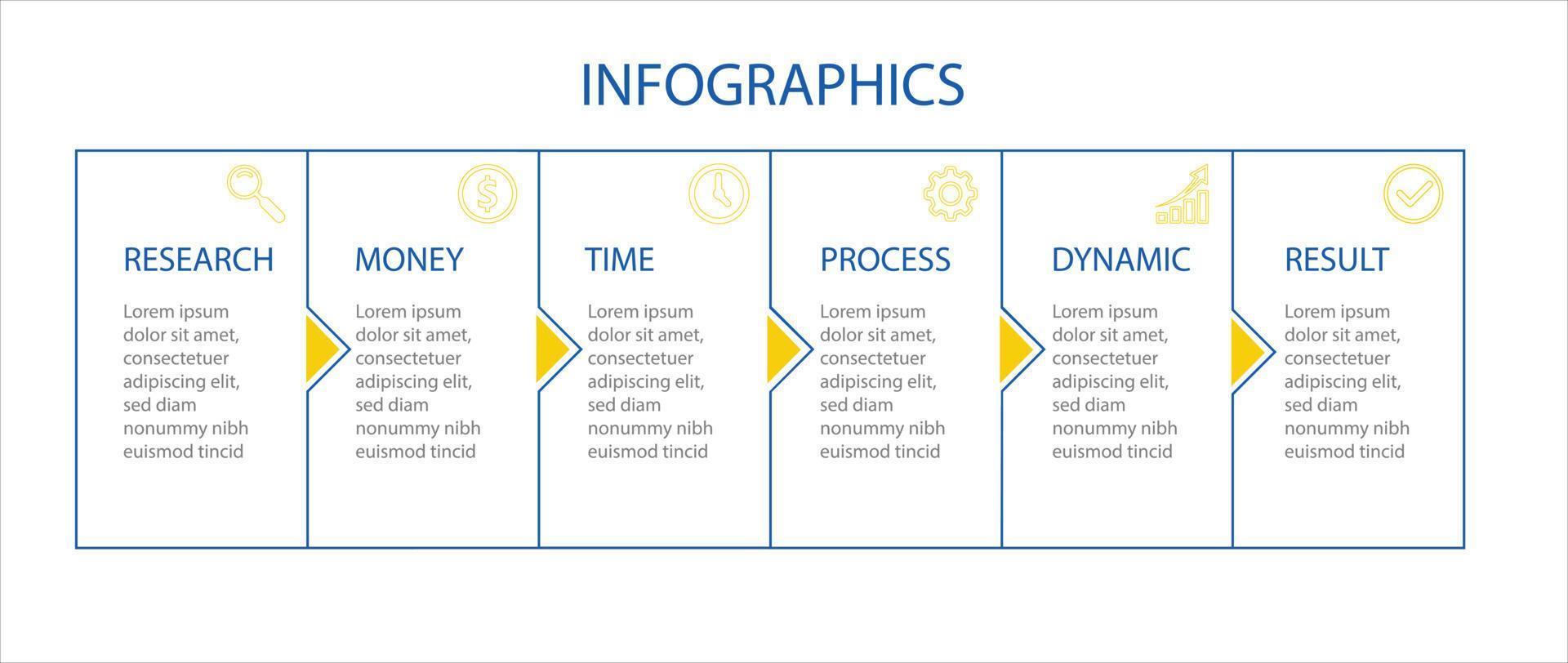 Vektor-Infografik-Design mit Symbolen. 6 Optionen oder 6 Schritte. Prozessdiagramm, Flussdiagramm, Infografik, Infografiken für Geschäftskonzept, Präsentationsbanner, Workflow-Layout. vektor
