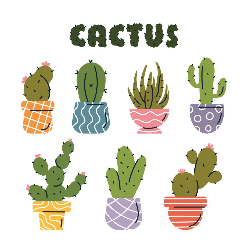 vektor uppsättning färgglada kaktusväxter i färgade krukor med konturer.