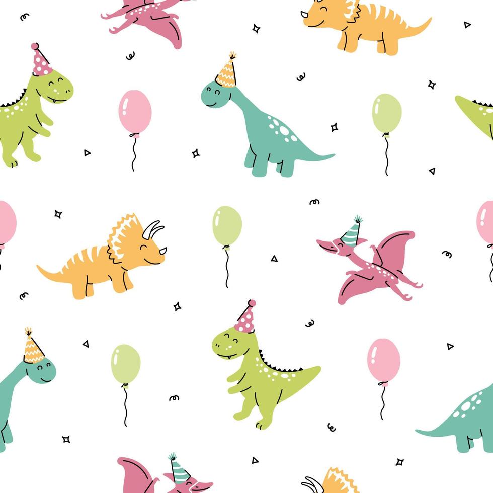 vektor seamless mönster med dinosaurier födelsedagsfest. söt tecknad dino karaktär för barn.