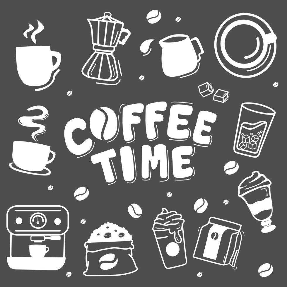 kaffeegetränk handgezeichnete sammlung. . Vintage-Vektor-Illustration. kaffeetassen, bohnen und kaffeemaschinen illustration.set skizze grafische elemente für menüdesign. vektor