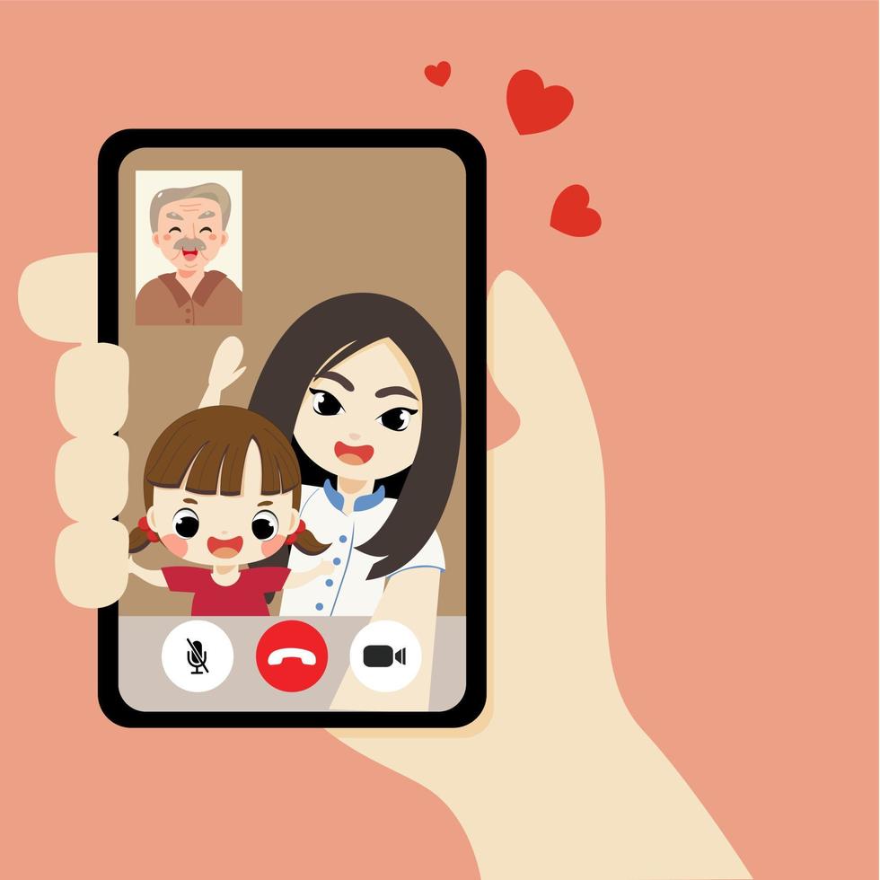 social distansering, ung kvinna och barn, morfar har videosamtal med smartphone. stanna hemma och ny normal livsstil. vektor