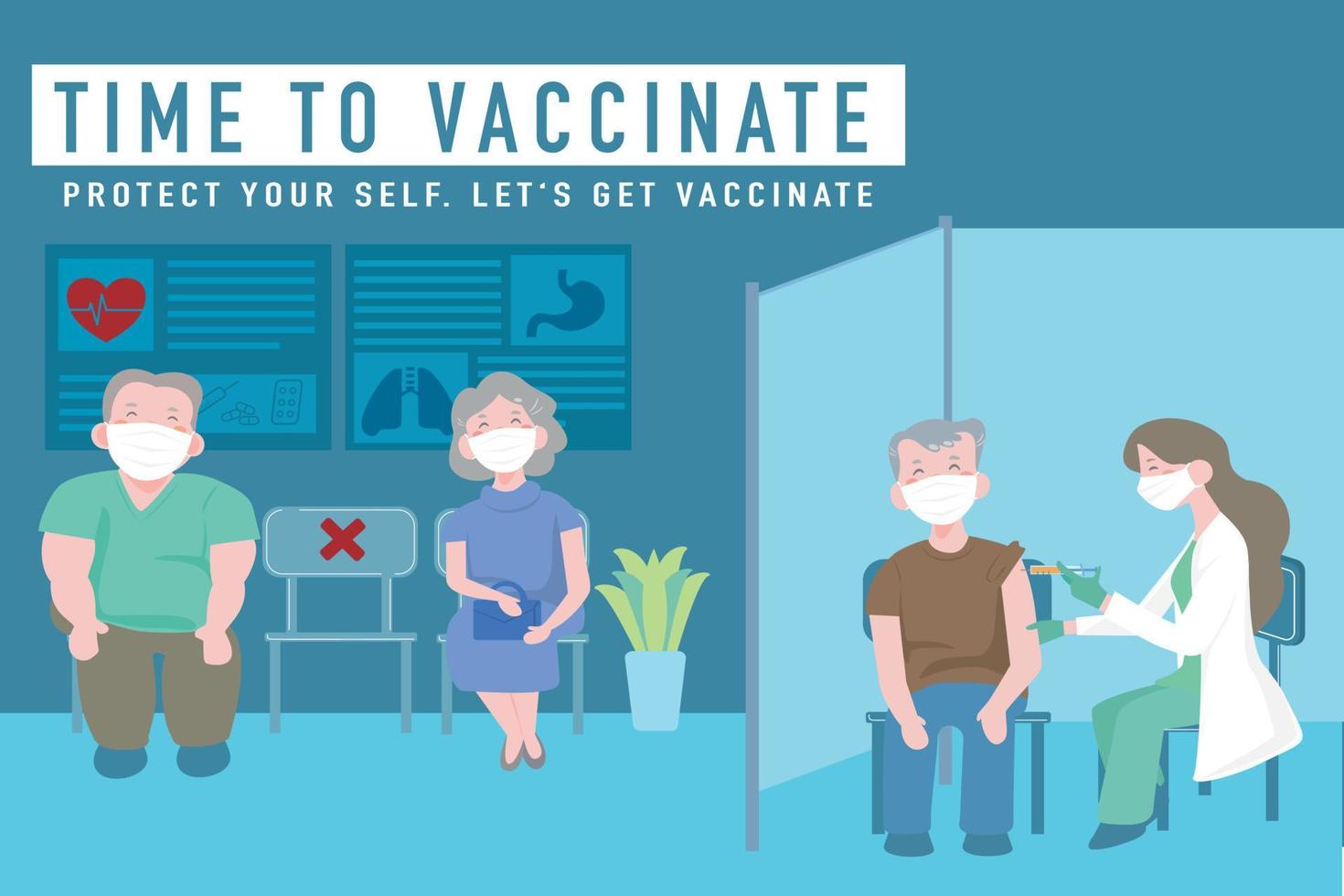 arzt, der einem patienten einen coronavirus-impfstoff injiziert, menschen, die eine maske tragen, halten abstand, wenn sie in der warteschlange sitzen und auf ärzte warten. krankenhaus oder klinikempfang wartezimmer. covid-impfstoff. vektorillusion. vektor