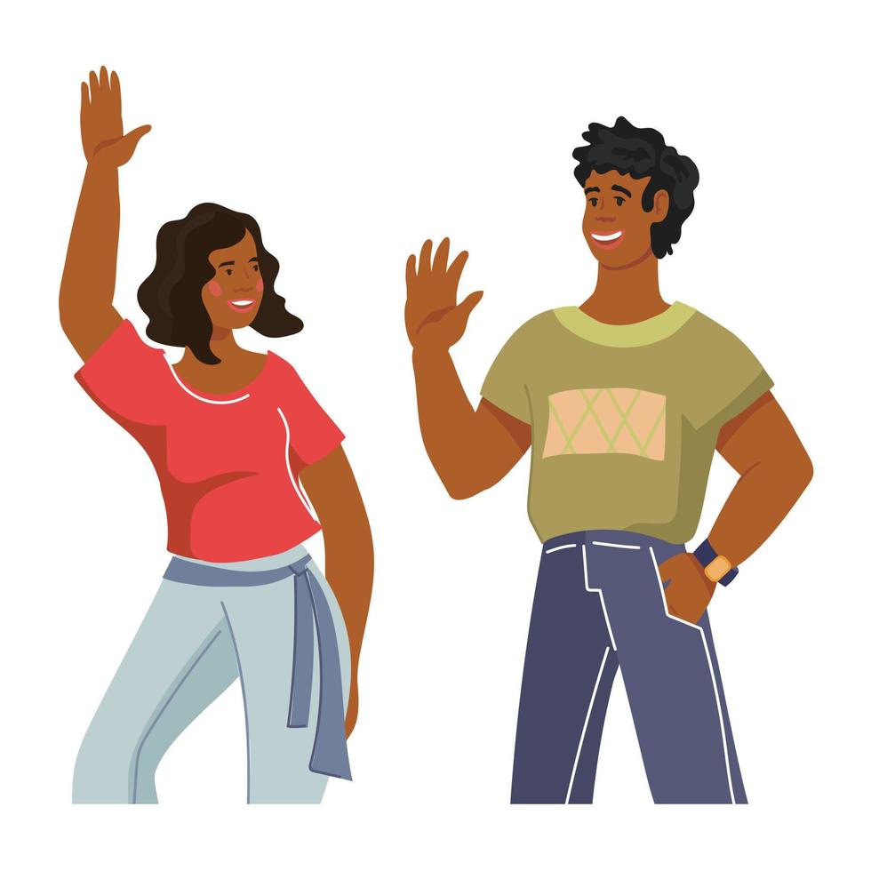Afroamerikaner, glücklicher junger Mann und Frau, die hallo sagen und mit der Hand in Grußgeste winken, flache Vektorillustration isoliert auf weißem Hintergrund. vektor
