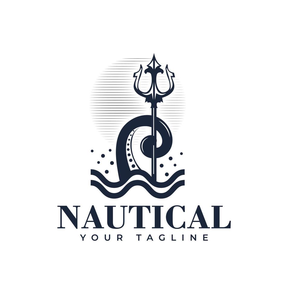 Logo-Design nautisches Vorlagendesign mit Tentakel und Dreizack. Vektorillustrationen. vektor