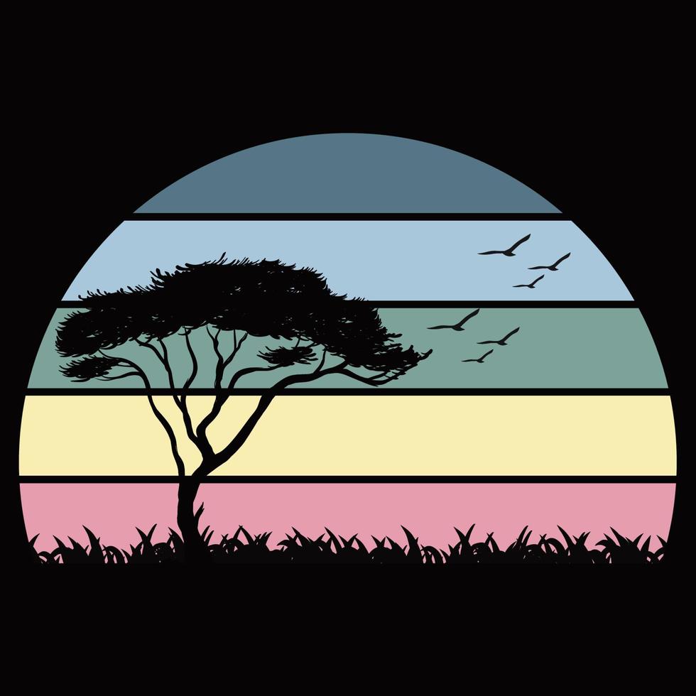 sonnenuntergangskollektion im retro-stil für banner oder druck. Vintage Sonnenuntergänge in verschiedenen Farben mit Bergen und Palmen, Wald, Wüstenfelsen und Adler, Möwen und Flamingovögel, Kaktus. Vektor. vektor