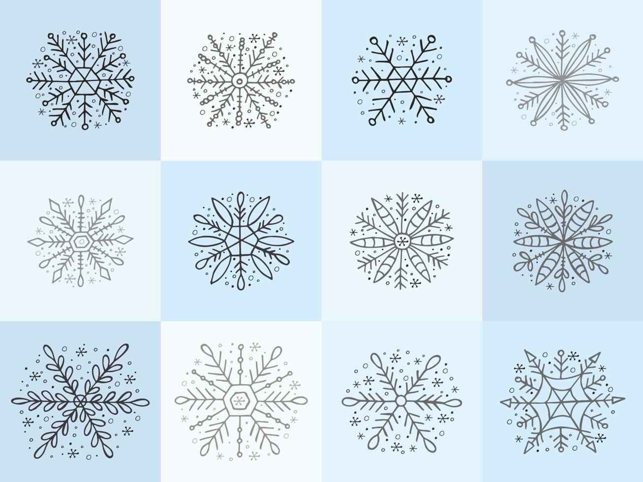 eine Reihe von handgezeichneten Schneeflocken. Vektorillustration im Doodle-Stil. Winterstimmung. hallo 2023. frohe weihnachten und ein gutes neues jahr. blaue und graue Elemente auf hellblauem Hintergrund. vektor