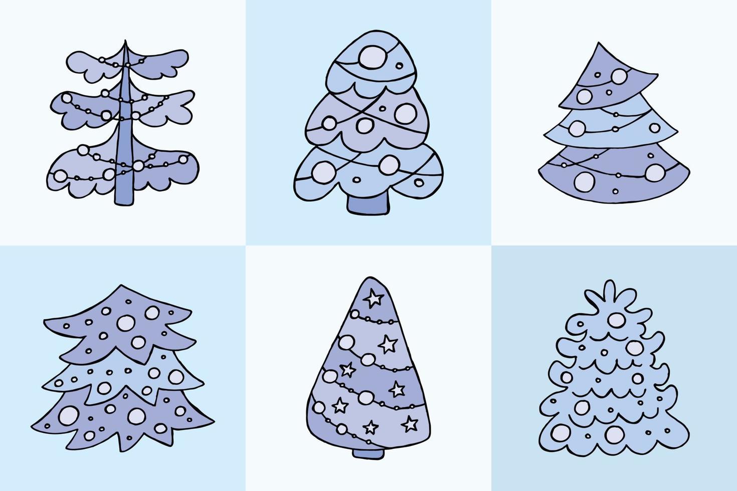 ein handgezeichneter Weihnachtsbaum. Vektorillustration im Doodle-Stil. Winterstimmung. hallo 2023. frohe weihnachten und ein gutes neues jahr. Blaue Bäume mit Spielzeug auf blauem Hintergrund. vektor