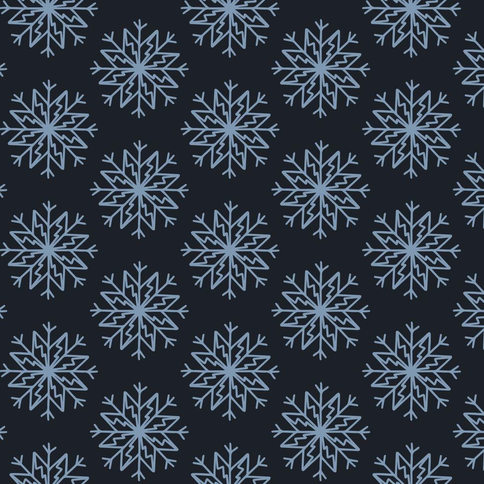 jul seamless mönster med snöflingor isolerad på mörk bakgrund. gott nytt år tapeter och omslag för säsongsdesign, textil, dekoration, gratulationskort. handritade utskrifter och doodle. vektor